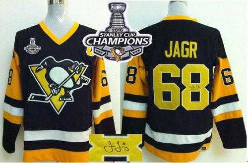 Pittsburgh Penguins #68 Jaromir Jagr Black CCM Throwback Autographed 2016 Stanley Cup Champions Stitched NHL Jersey