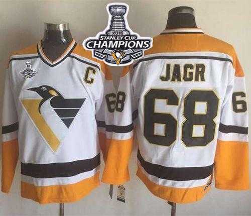 Pittsburgh Penguins #68 Jaromir Jagr White-Yellow CCM Throwback 2016 Stanley Cup Champions Stitched NHL Jersey