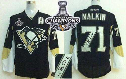 Pittsburgh Penguins #71 Evgeni Malkin Black Autographed 2016 Stanley Cup Champions Stitched NHL Jersey