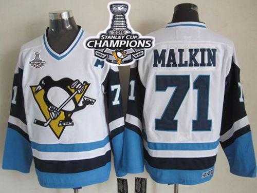 Pittsburgh Penguins #71 Evgeni Malkin White-Blue CCM Throwback 2016 Stanley Cup Champions Stitched NHL Jersey