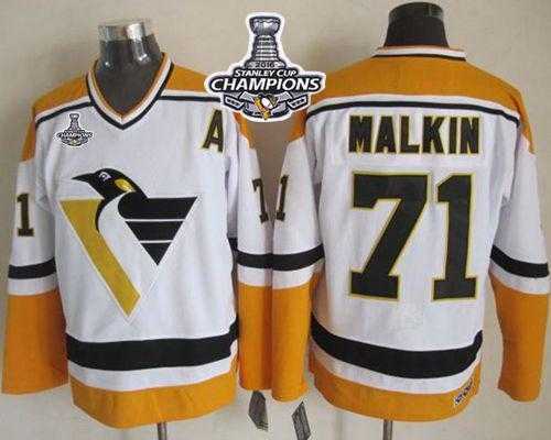 Pittsburgh Penguins #71 Evgeni Malkin White-Yellow CCM Throwback 2016 Stanley Cup Champions Stitched NHL Jersey