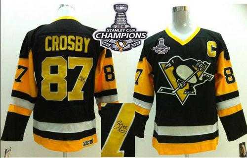 Pittsburgh Penguins #87 Sidney Crosby Black CCM Throwback Autographed 2016 Stanley Cup Champions Stitched NHL Jersey