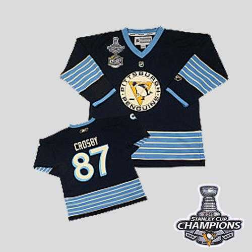Pittsburgh Penguins #87 Sidney Crosby Dark Blue 2011 Winter Classic Vintage 2016 Stanley Cup Champions Stitched Youth NHL Jersey