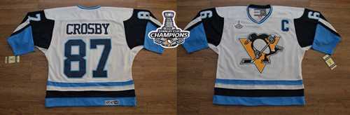 Pittsburgh Penguins #87 Sidney Crosby White-Blue CCM Throwback 2016 Stanley Cup Champions Stitched NHL Jersey