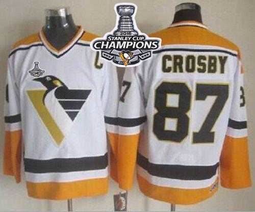 Pittsburgh Penguins #87 Sidney Crosby White-Yellow CCM Throwback 2016 Stanley Cup Champions Stitched NHL Jersey