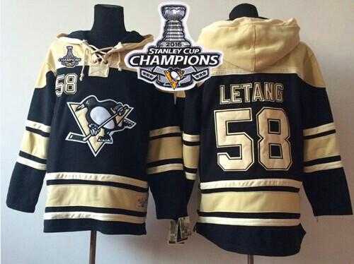 Pittsburgh Penguins #58 Kris Letang Black Sawyer Hooded Sweatshirt 2016 Stanley Cup Champions Stitched NHL Jersey