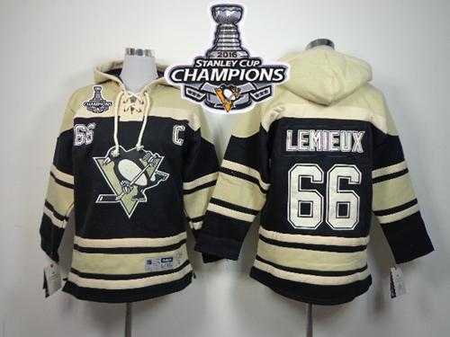 Pittsburgh Penguins #66 Mario Lemieux Black Sawyer Hooded Sweatshirt 2016 Stanley Cup Champions Stitched Youth NHL Jersey