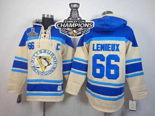 Pittsburgh Penguins #66 Mario Lemieux Cream Sawyer Hooded Sweatshirt 2016 Stanley Cup Champions Stitched NHL Jersey
