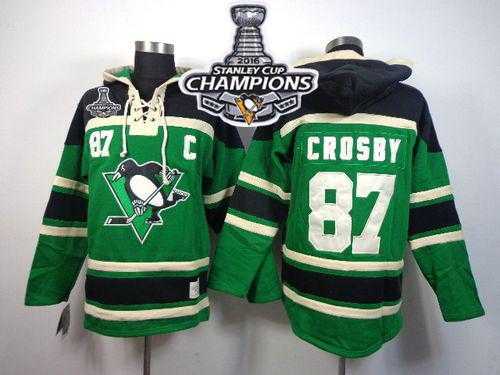 Pittsburgh Penguins #87 Sidney Crosby Green St. Patrick's Day McNary Lace Hoodie 2016 Stanley Cup Champions Stitched NHL Jersey