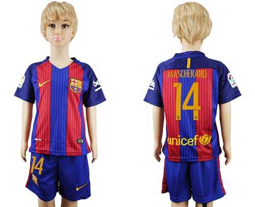 Barcelona #14 Mascherano Home Kid Soccer Club Jersey