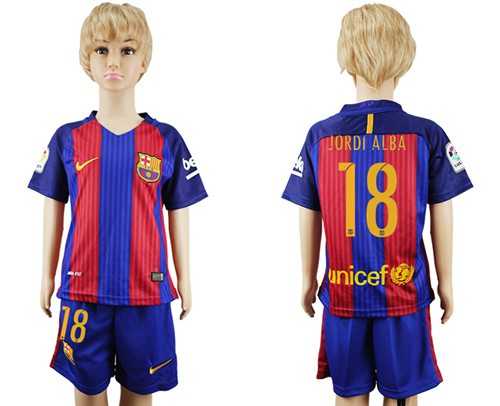 Barcelona #18 Jordi Alba Home Kid Soccer Club Jersey