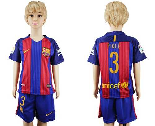 Barcelona #3 Pique Home Kid Soccer Club Jersey