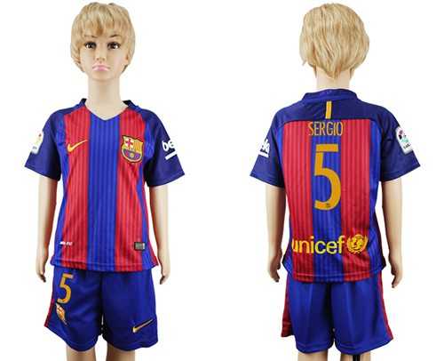 Barcelona #5 Sergio Home Kid Soccer Club Jersey