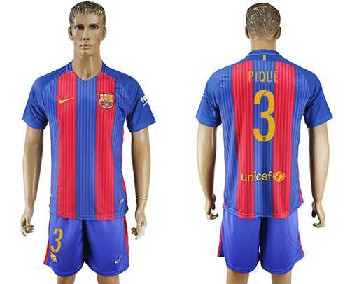 Barcelona #3 Pique Home With Blue Shorts Soccer Club Jersey