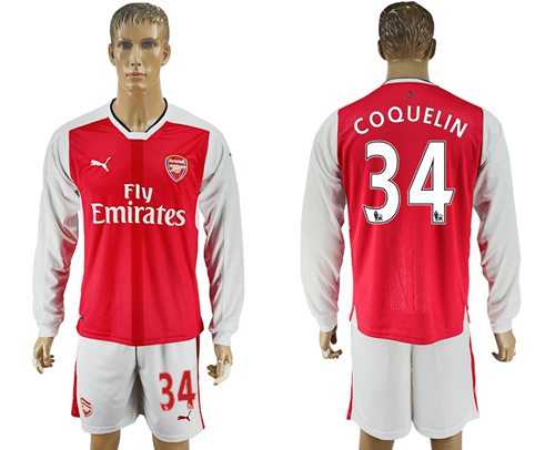 Arsenal #34 Coquelin Red Home Long Sleeves Soccer Club Jersey