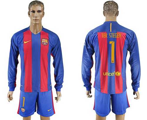 Barcelona #1 Ter Stegen Home Long Sleeves Soccer Club Jersey