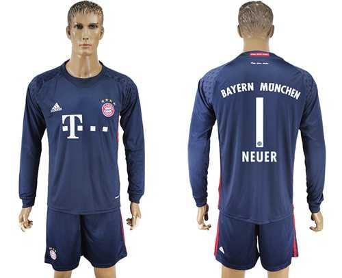 Bayern Munchen #1 Neuer Dark Blue Goalkeeper Long Sleeves Soccer Club Jersey