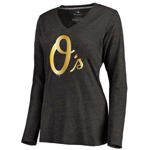 Women's Baltimore Orioles Gold Collection Long Sleeve V-Neck Tri-Blend T-Shirt Black
