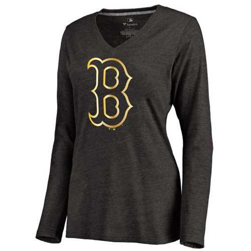 Women's Boston Red Sox Gold Collection Long Sleeve V-Neck Tri-Blend T-Shirt Black