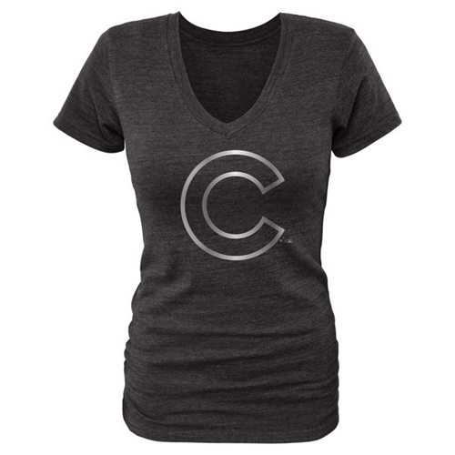 Women's Chicago Cubs Fanatics Apparel Platinum Collection V-Neck Tri-Blend T-Shirt Black