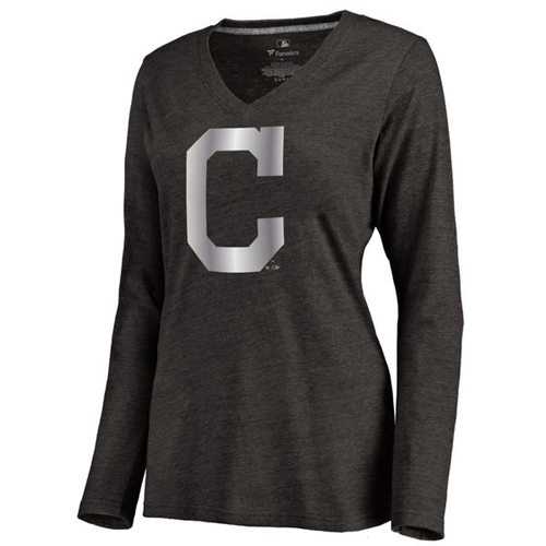 Women's Cleveland Indians Platinum Collection Long Sleeve V-Neck Tri-Blend T-Shirt Black