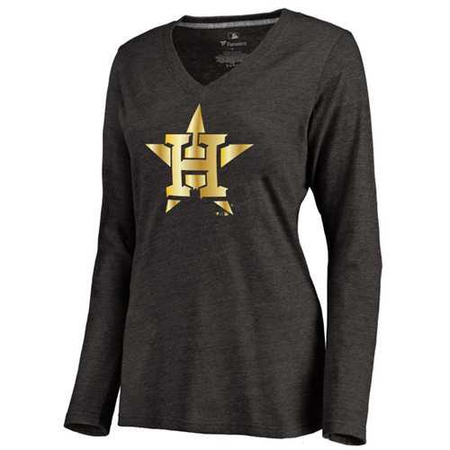 Women's Houston Astros Gold Collection Long Sleeve V-Neck Tri-Blend T-Shirt Black