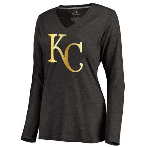 Women's Kansas City Royals Gold Collection Long Sleeve V-Neck Tri-Blend T-Shirt Black
