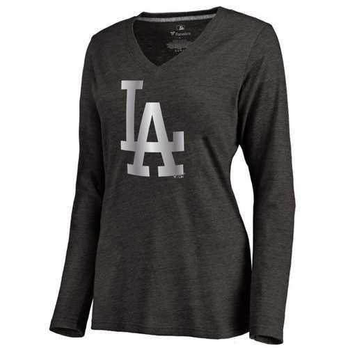 Women's Los Angeles Dodgers Platinum Collection Long Sleeve V-Neck Tri-Blend T-Shirt Black