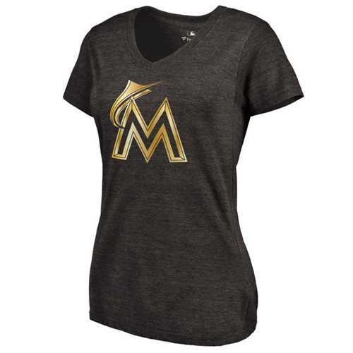 Women's Miami Marlins Fanatics Apparel Gold Collection Tri-Blend V-Neck T-Shirt Black