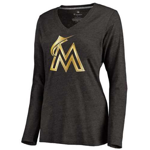 Women's Miami Marlins Gold Collection Long Sleeve V-Neck Tri-Blend T-Shirt Black