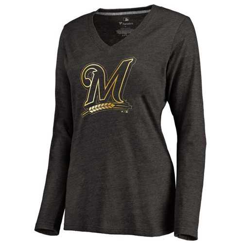 Women's Milwaukee Brewers Gold Collection Long Sleeve V-Neck Tri-Blend T-Shirt Black