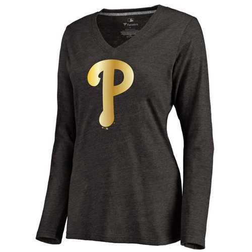 Women's Philadelphia Phillies Gold Collection Long Sleeve V-Neck Tri-Blend T-Shirt Black