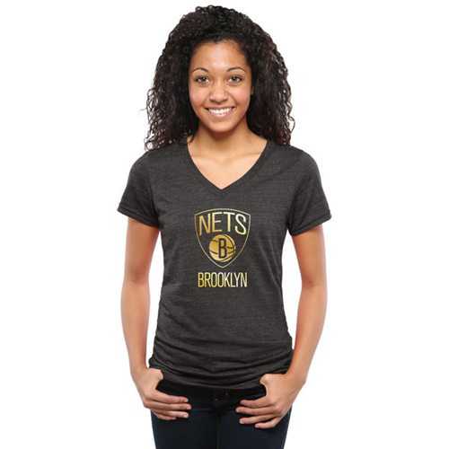 Women's Brooklyn Nets Gold Collection V-Neck Tri-Blend T-Shirt Black