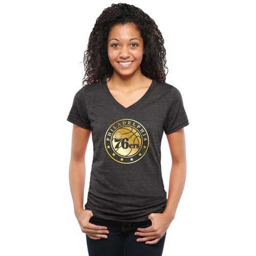 Women's Philadelphia 76ers Gold Collection V-Neck Tri-Blend T-Shirt Black