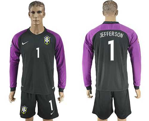 Brazil #1 Jefferson Black Goalkeeper Long Sleeves Soccer Country Jersey