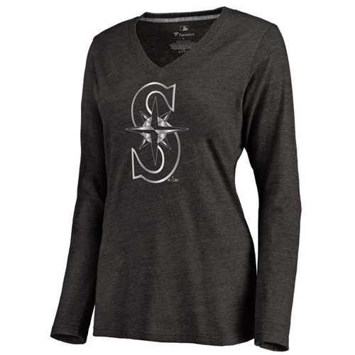 Women's Seattle Mariners Platinum Collection Long Sleeve V-Neck Tri-Blend T-Shirt Black