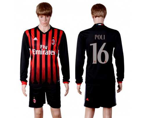 AC Milan #16 Poli Home Long Sleeves Soccer Club Jersey