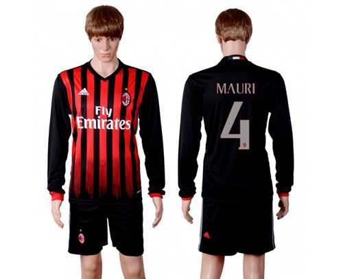 AC Milan #4 Mauri Home Long Sleeves Soccer Club Jersey