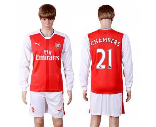 Arsenal #21 Chambers Red Home Long Sleeves Soccer Club Jersey