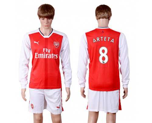 Arsenal #8 Arteta Red Home Long Sleeves Soccer Club Jersey