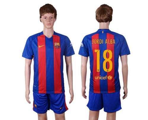 Barcelona #18 Jordi Alba Home With Blue Shorts Soccer Club Jersey