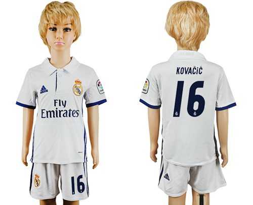 Real Madrid #16 Kovacic White Home Kid Soccer Club Jersey