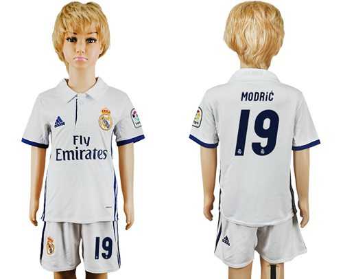 Real Madrid #19 Modric White Home Kid Soccer Club Jersey