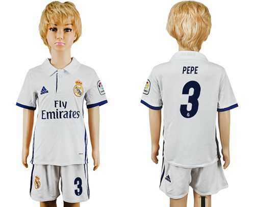 Real Madrid #3 Pepe White Home Kid Soccer Club Jersey