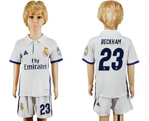 Real Madrid #23 Beckham White Home Kid Soccer Club Jersey