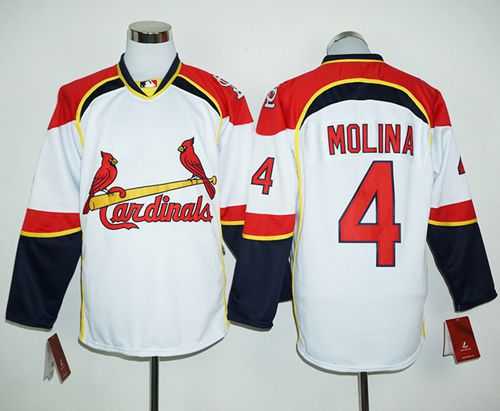 St.Louis Cardinals #4 Yadier Molina White Red Long Sleeve Stitched Baseball Jersey