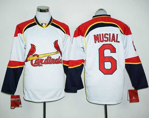 St.Louis Cardinals #6 Stan Musial White Red Long Sleeve Stitched Baseball Jersey
