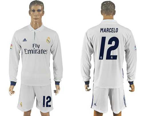 Real Madrid #12 Marcelo White Home Long Sleeves Soccer Club Jersey