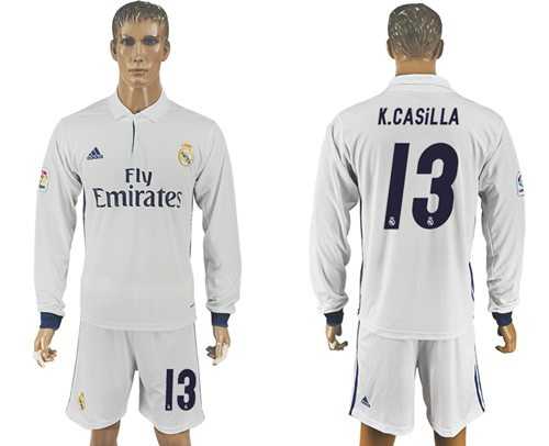 Real Madrid #13 K.Casillas White Home Long Sleeves Soccer Club Jersey