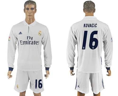 Real Madrid #16 Kovacic White Home Long Sleeves Soccer Club Jersey